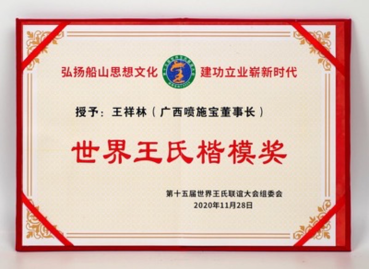 2020年第十五届世界王氏联谊大会楷模奖